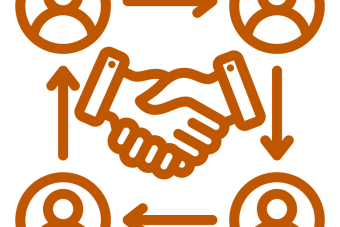 Graphic image showing a representation of teamwork. Showing connection and collaboration between four individuals and hands clasped in agreement.